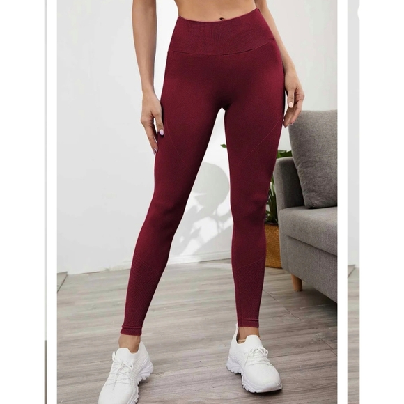 Unbranded Pants - Seamless Butt Lift Leggings High Waisted Burgundy Plum Scrunch Gym S